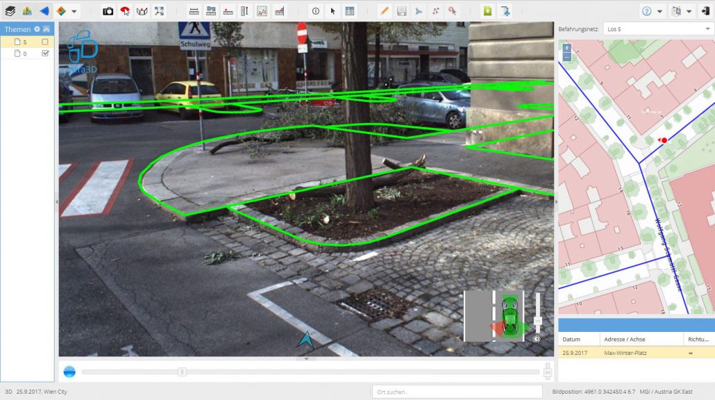 Screenshot des Bilddatenviewers: Überblendung von Bilddaten mit 3D Linien der Wiener Mehrzweckkarte