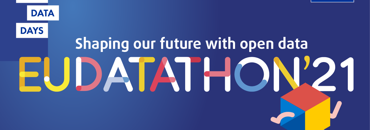Eu-Datathon 2021 - Schrift und Logo auf blauem Untergrund