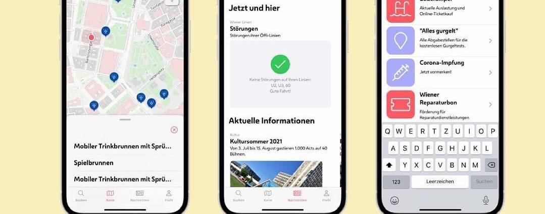 Screenshots der Stadt Wien-App 3 Ansichten