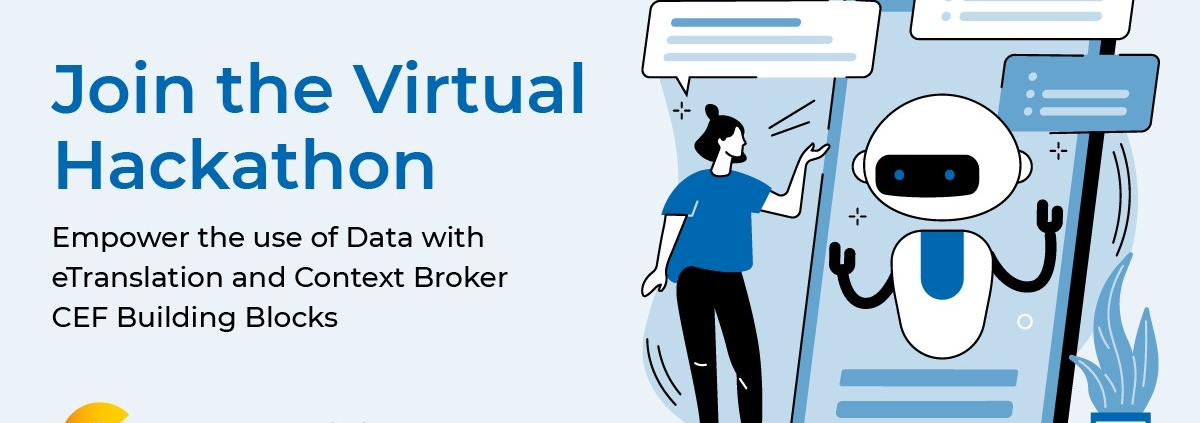 Illustration einer Frau die mit virtuellem Bot spricht mit Text "Join the Virtual Hackathon"