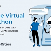 Illustration einer Frau die mit virtuellem Bot spricht mit Text "Join the Virtual Hackathon"