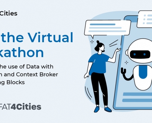 Illustration einer Frau die mit virtuellem Bot spricht mit Text "Join the Virtual Hackathon"
