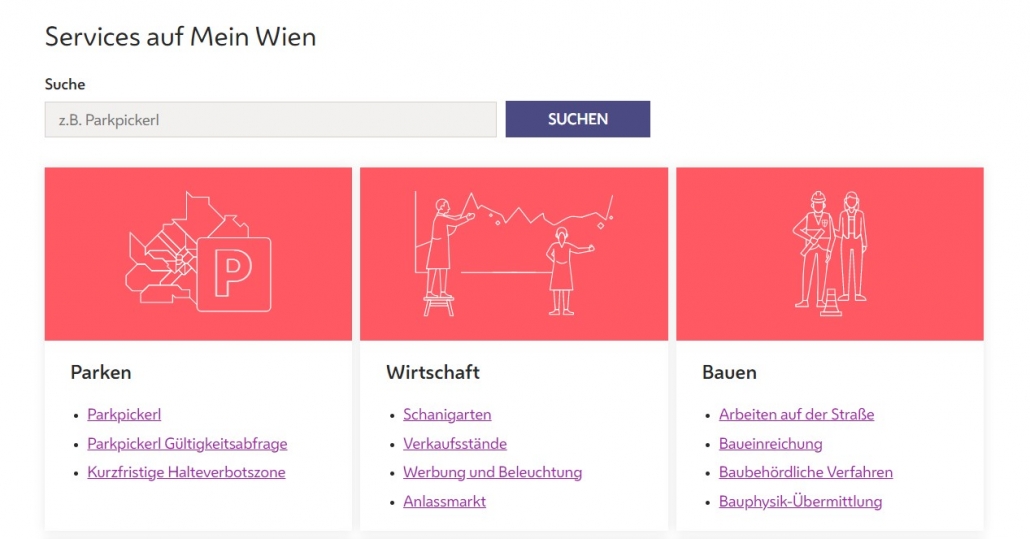 Screenshot der Website Mein Wien mit 3 roten Flächen