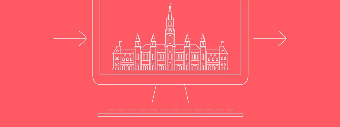 Illustration Computer mit Rathaus am Bildschirm