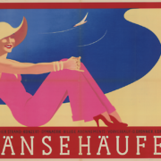 Historisches Werbesujet für das Gänsehäufel mit der Zeichnung einer schick gekleideten Frau