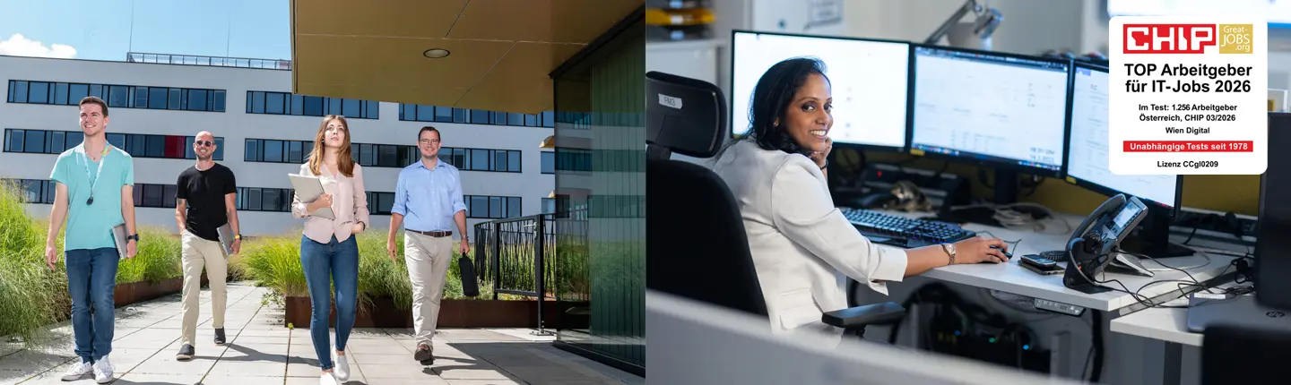 Fotomontage, 4 Menschen vor Bürohaus, Frau vor Computerbildschirmen