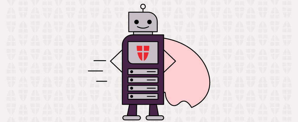 Roboter mit Server-Rack-Körper und Schutzschild-Symbol auf der Brust, dahinter ein rosafarbener Umhang – Symbolbild für Datensicherheit/Schutz.