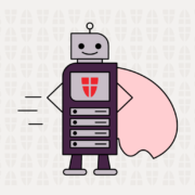 Roboter mit Server-Rack-Körper und Schutzschild-Symbol auf der Brust, dahinter ein rosafarbener Umhang – Symbolbild für Datensicherheit/Schutz.