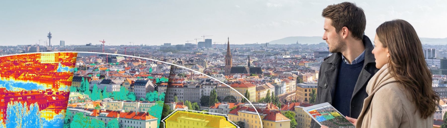 Bildmontage: Häuser in verschiedenen Einfärbungen, teilweise weiß umrandet, Mann und Frau mit Tablet in der Hand