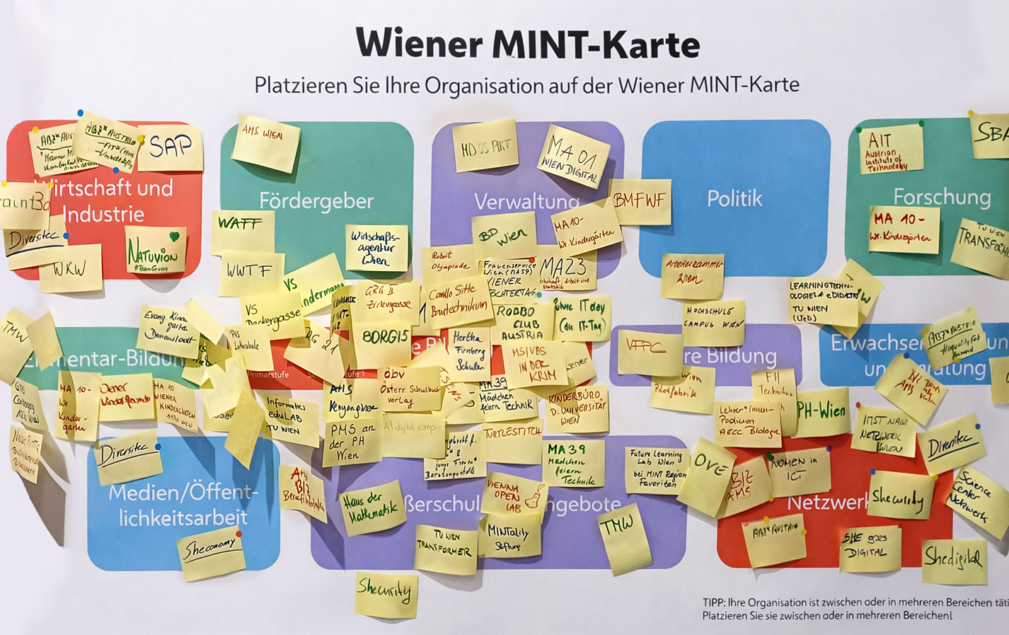Wiener MINT-Karte © Stadt Wien - MA 23 Plakat mit bunten Feldern und gelben Post-its