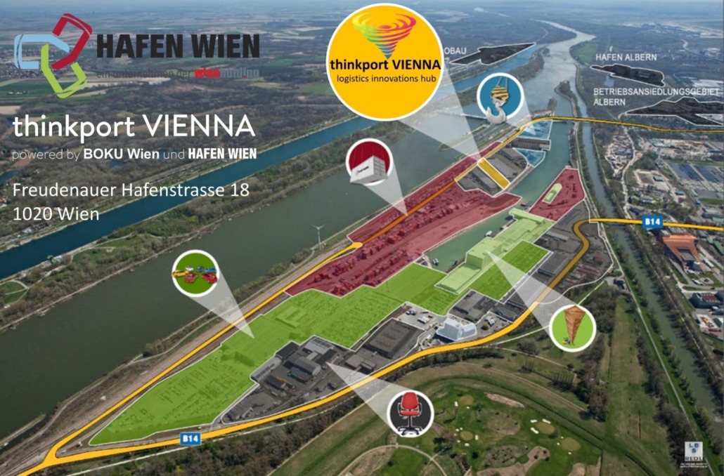 thinkport VIENNA - Innovations- und Mobilitätslabor am Hafen Wien © LBS Redl Bild des Hafens mit farblich markierten Flächen
