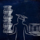 Illustration, Person hält Bücher und einen Laptop